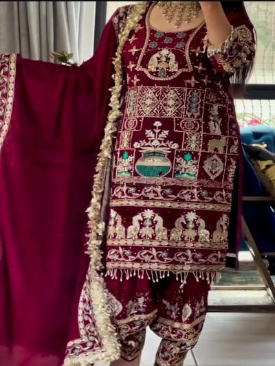 Maroon Sequins Embroidered Work Punjabi Suit Set - BONYHUBSALWAR KAMEEZ