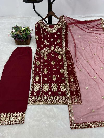 Maroon Sequins Work Wedding Wear Straight Suit Set - BONYHUBSALWAR KAMEEZ