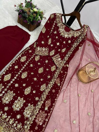 Maroon Sequins Work Wedding Wear Straight Suit Set - BONYHUBSALWAR KAMEEZ