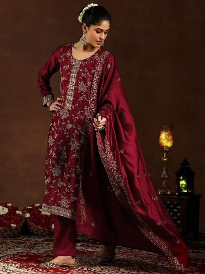 Maroon Vichitra Silk Embroidery Work Straight Suit Set - BONYHUBSALWAR KAMEEZ