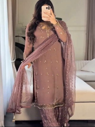 Mauve Georgette Beads Embroidered Sharara Palazzo Suit Set - BONYHUBSALWAR KAMEEZ