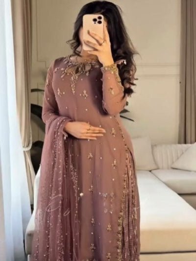 Mauve Georgette Beads Embroidered Sharara Palazzo Suit Set - BONYHUBSALWAR KAMEEZ