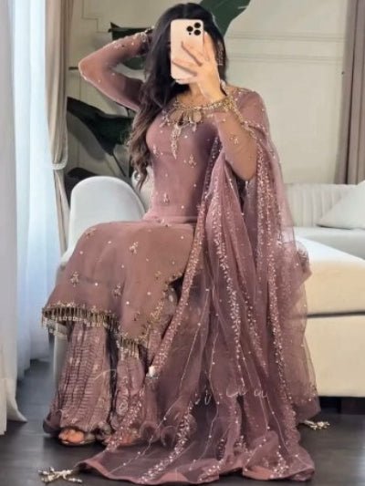 Mauve Georgette Beads Embroidered Sharara Palazzo Suit Set - BONYHUBSALWAR KAMEEZ