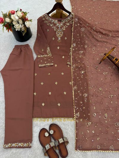 Mauve Georgette Gold Sequins Work Straight Suit - BONYHUBSALWAR KAMEEZ