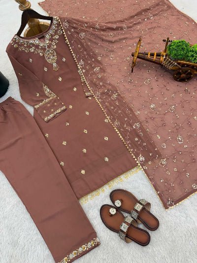 Mauve Georgette Gold Sequins Work Straight Suit - BONYHUBSALWAR KAMEEZ