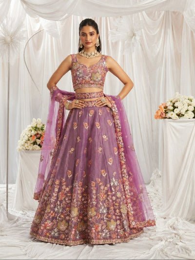 Mauve Pink Designer Lehenga Choli with Embroidered Net Dupatta - BONYHUBSALWAR KAMEEZ