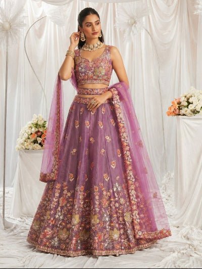 Mauve Pink Designer Lehenga Choli with Embroidered Net Dupatta - BONYHUBSALWAR KAMEEZ