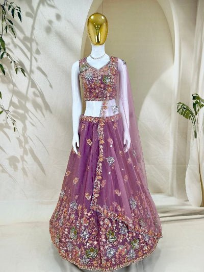Mauve Pink Designer Lehenga Choli with Embroidered Net Dupatta - BONYHUBSALWAR KAMEEZ