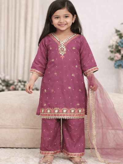 Mauve Pink Kids Embroidery Palazzo Suit - BONYHUBClothing