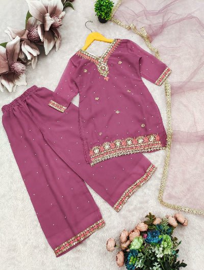 Mauve Pink Kids Embroidery Palazzo Suit - BONYHUBClothing