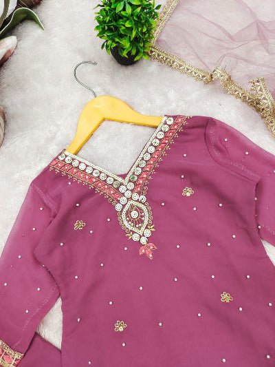 Mauve Pink Kids Embroidery Palazzo Suit - BONYHUBClothing