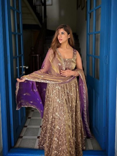 Mauve Purple Gold Embroidery Work Anarkali Set - BONYHUBSALWAR KAMEEZ
