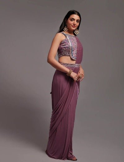 Mauve Satin Ready to Wear Pleated Stitched Saree & Blouse UK Next Day - BONYHUBSAREE