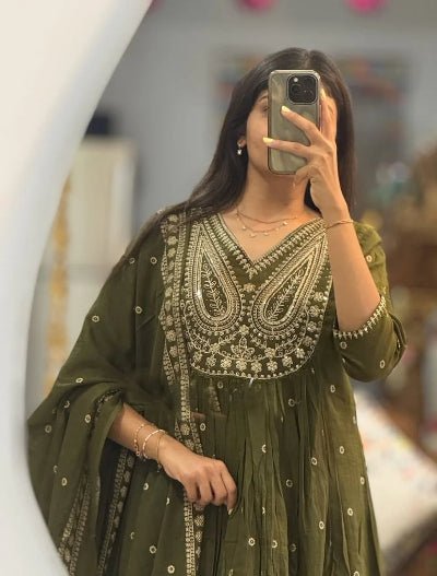 Mehandi Green ALine Flare Cotton Salwar suit