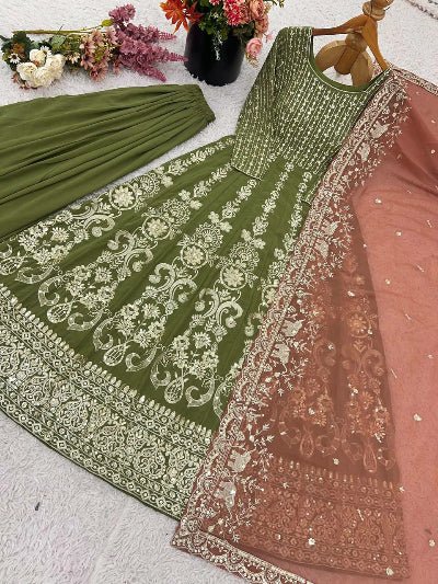 Mehendi Green Designer Anarkali Suit With Blush Dupatta - BONYHUBSALWAR KAMEEZ