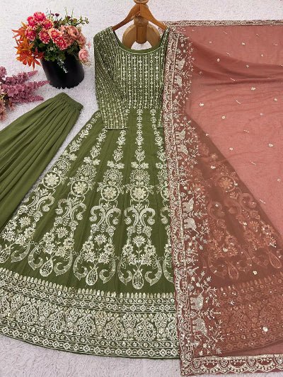 Mehendi Green Designer Anarkali Suit With Blush Dupatta - BONYHUBSALWAR KAMEEZ