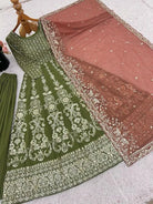 Mehendi Green Designer Anarkali Suit With Blush Dupatta - BONYHUBSALWAR KAMEEZ