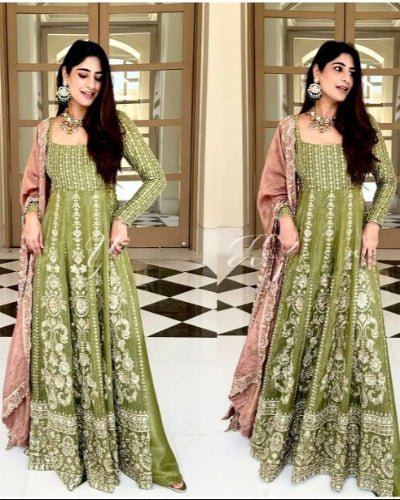 Mehendi Green Designer Anarkali Suit With Blush Dupatta - BONYHUBSALWAR KAMEEZ