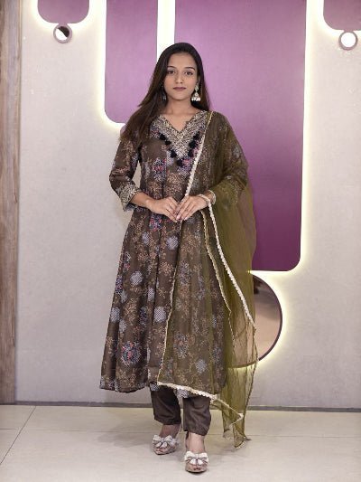 Mehendi Green Modal Silk Ready to Wear Anarkali Set - BONYHUBSALWAR KAMEEZ
