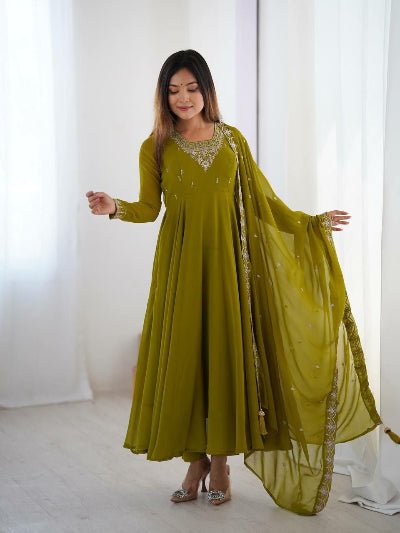 Mehendi Green Soft Georgette Embroidered Anarkali Suit Set - BONYHUBSALWAR KAMEEZ