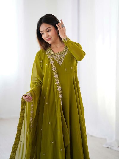 Mehendi Green Soft Georgette Embroidered Anarkali Suit Set - BONYHUBSALWAR KAMEEZ