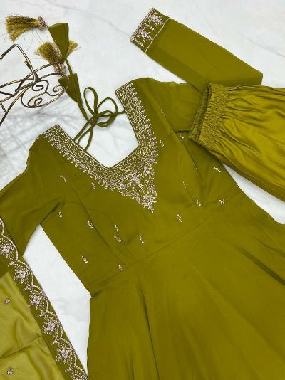 Mehendi Green Soft Georgette Embroidered Anarkali Suit Set - BONYHUBSALWAR KAMEEZ