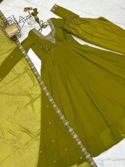 Mehendi Green Soft Georgette Embroidered Anarkali Suit Set - BONYHUBSALWAR KAMEEZ