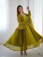 Mehendi Green Soft Georgette Embroidered Anarkali Suit Set - BONYHUBSALWAR KAMEEZ