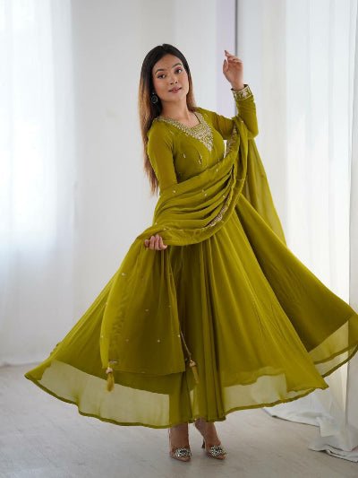 Mehendi Green Soft Georgette Embroidered Anarkali Suit Set - BONYHUBSALWAR KAMEEZ