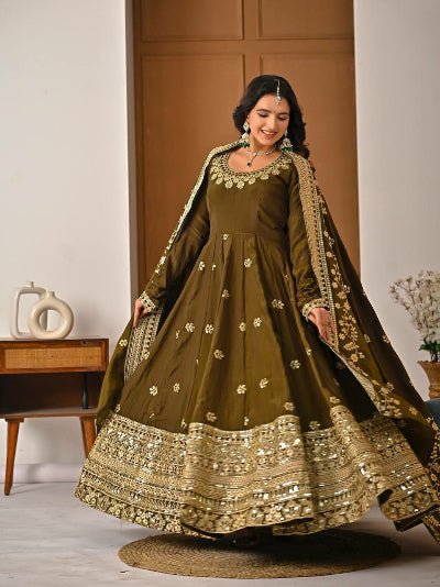 Mehendi Green Wedding Wear Embroidery Anarkali Suit - BONYHUBSALWAR KAMEEZ