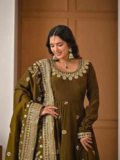 Mehendi Green Wedding Wear Embroidery Anarkali Suit - BONYHUBSALWAR KAMEEZ