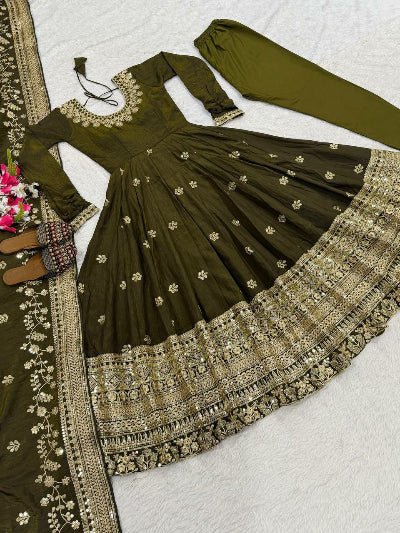 Mehendi Green Wedding Wear Embroidery Anarkali Suit - BONYHUBSALWAR KAMEEZ