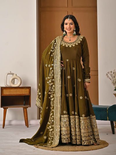 Mehendi Green Wedding Wear Embroidery Anarkali Suit - BONYHUBSALWAR KAMEEZ