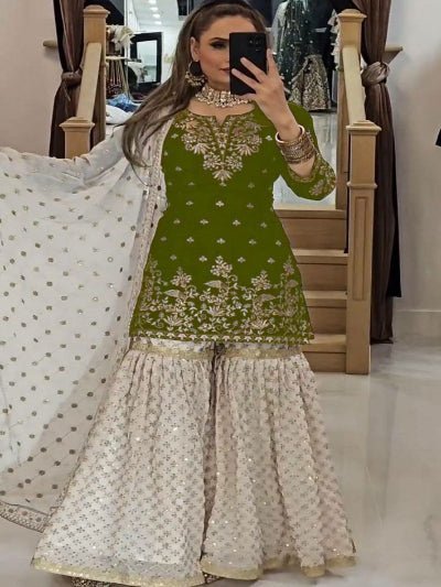 Mehendi Green &amp; White Georgette Embroidery Sharara Set - BONYHUBSALWAR KAMEEZ