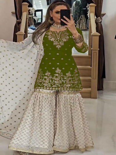 Mehendi Green &amp; White Georgette Embroidery Sharara Set - BONYHUBSALWAR KAMEEZ