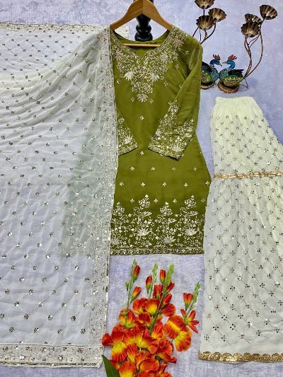 Mehendi Green &amp; White Georgette Embroidery Sharara Set - BONYHUBSALWAR KAMEEZ