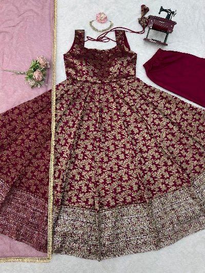 Meher Maroon Chanderi Gold Jacquard Anarkali Suit - BONYHUBSALWAR KAMEEZ