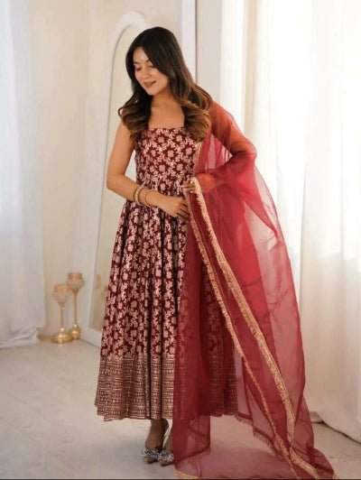 Meher Maroon Chanderi Gold Jacquard Anarkali Suit - BONYHUBSALWAR KAMEEZ