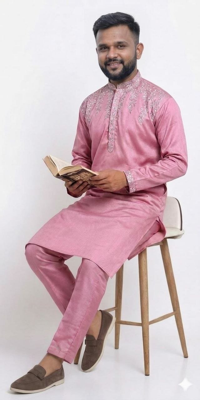Men's Embroidered Kurta Trouser Set | White Thread Work - BONYHUBMEN KURTA