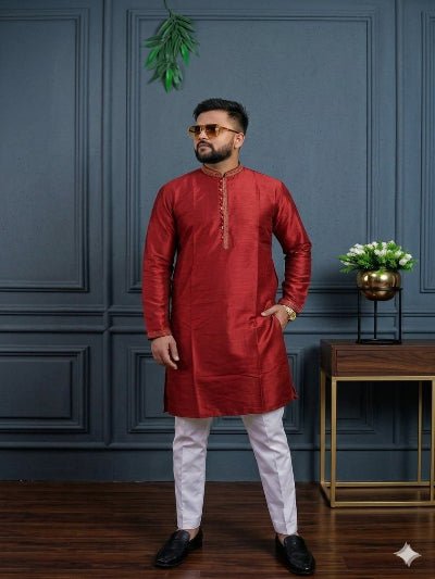 Men's Silk Embroidered Kurta Trouser Set | Festive Outfit - BONYHUBMEN KURTA