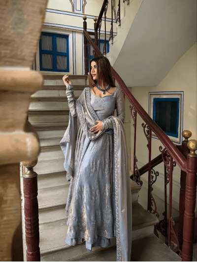 Metallic Grey Fendy Silk Embroidered Anarkali Suit - BONYHUBSALWAR KAMEEZ