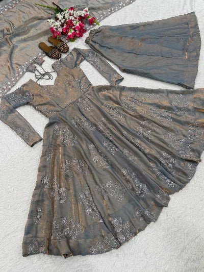 Metallic Grey Fendy Silk Embroidered Anarkali Suit - BONYHUBSALWAR KAMEEZ