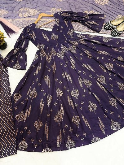 Midnight Plum Printed Muslin Cotton Anarkali Suit - BONYHUBSALWAR KAMEEZ