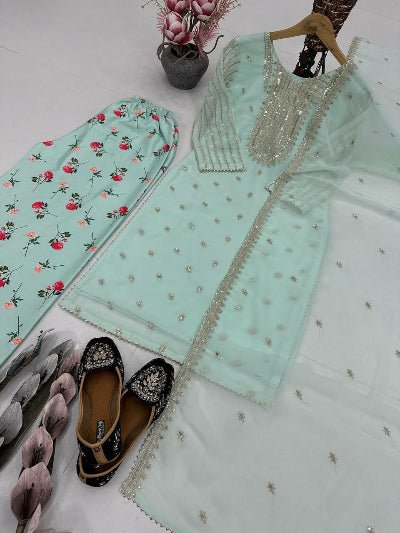 Mint Blue Georgette Digital Print Farshi Suit Set - BONYHUBSALWAR KAMEEZ