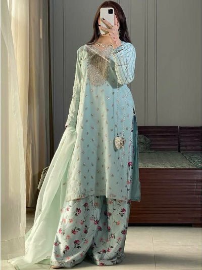 Mint Blue Georgette Digital Print Farshi Suit Set - BONYHUBSALWAR KAMEEZ