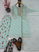 Mint Blue Georgette Digital Print Farshi Suit Set - BONYHUBSALWAR KAMEEZ