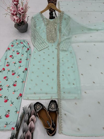 Mint Blue Georgette Digital Print Farshi Suit Set - BONYHUBSALWAR KAMEEZ