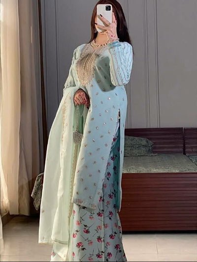 Mint Blue Georgette Digital Print Farshi Suit Set - BONYHUBSALWAR KAMEEZ
