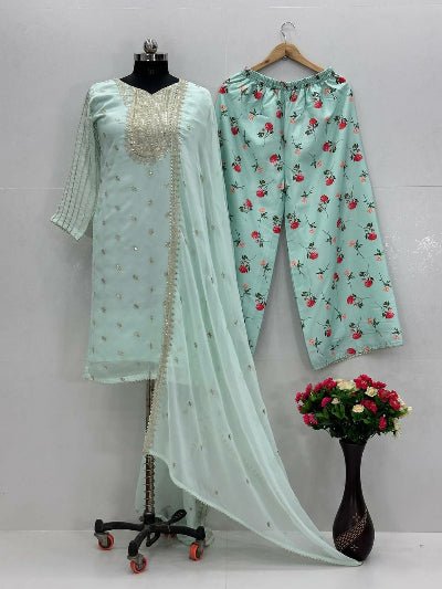 Mint Blue Georgette Digital Print Farshi Suit Set - BONYHUBSALWAR KAMEEZ