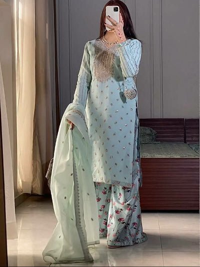 Mint Blue Georgette Digital Print Farshi Suit Set - BONYHUBSALWAR KAMEEZ